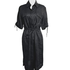 PETER HAHN Women's 12 Black‎ 100% Linen Belt Pockets Midi Button Up Shirt Dress